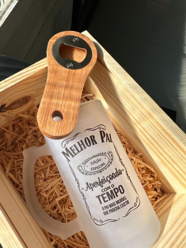Kit copo de vidro jateado + caixa de madeira + abridor de garrafa Personalizados - Imagem 2